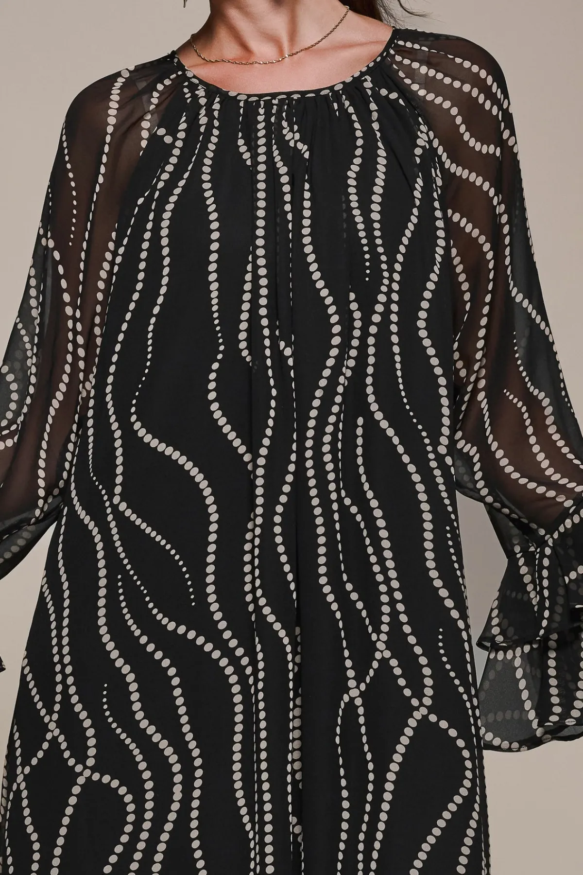 Jolie Moi Occasion Dresses|Long Sleeved Dresses-Chiffon Long Sleeve Shift Maxi Dress, Black Spot