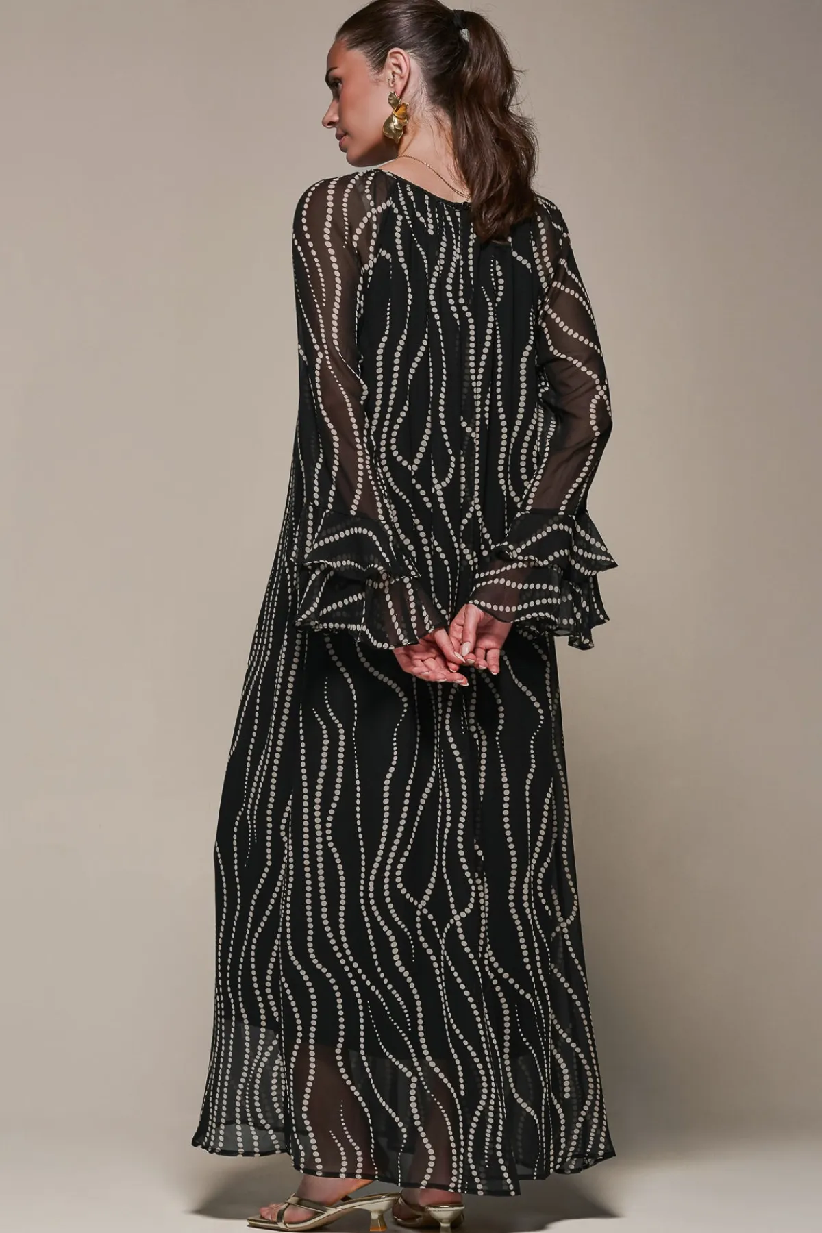 Jolie Moi Occasion Dresses|Long Sleeved Dresses-Chiffon Long Sleeve Shift Maxi Dress, Black Spot