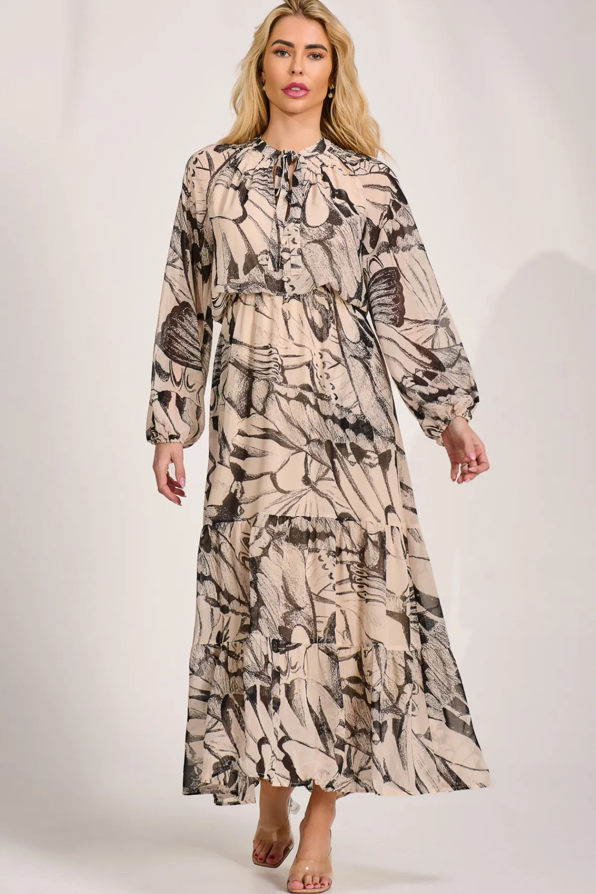 Jolie Moi Wedding Guest|Wedding Guest-Chiffon Long Sleeve Tiered Maxi Dress, Beige Pattern