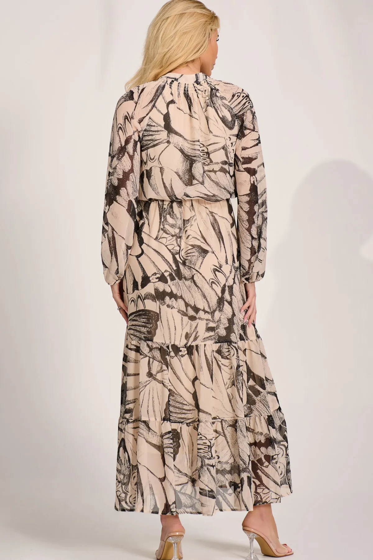 Jolie Moi Wedding Guest|Wedding Guest-Chiffon Long Sleeve Tiered Maxi Dress, Beige Pattern