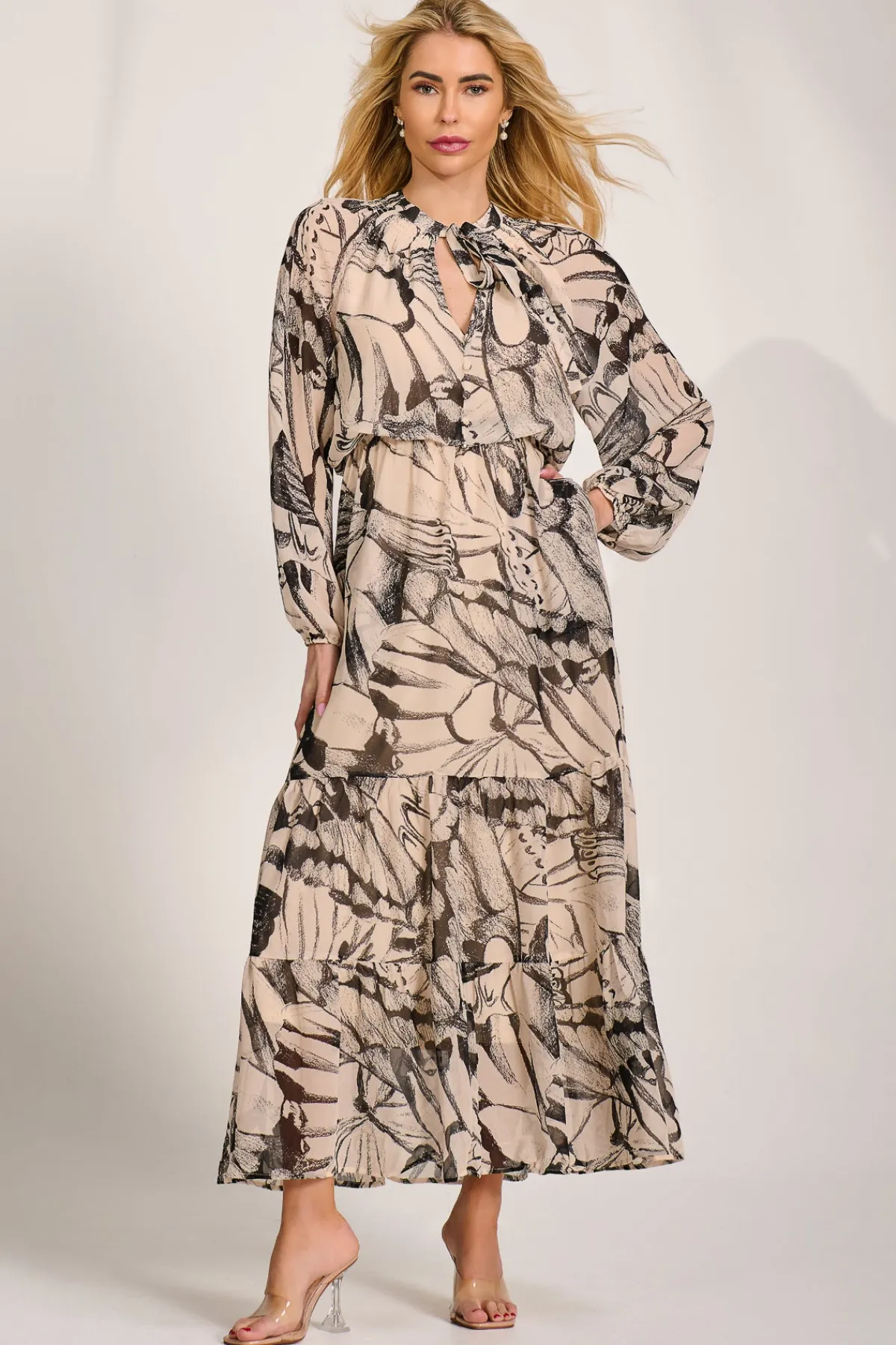 Jolie Moi Wedding Guest|Wedding Guest-Chiffon Long Sleeve Tiered Maxi Dress, Beige Pattern