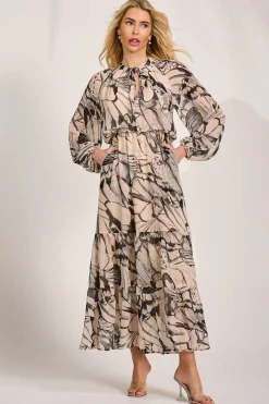 Jolie Moi Wedding Guest|Wedding Guest-Chiffon Long Sleeve Tiered Maxi Dress, Beige Pattern