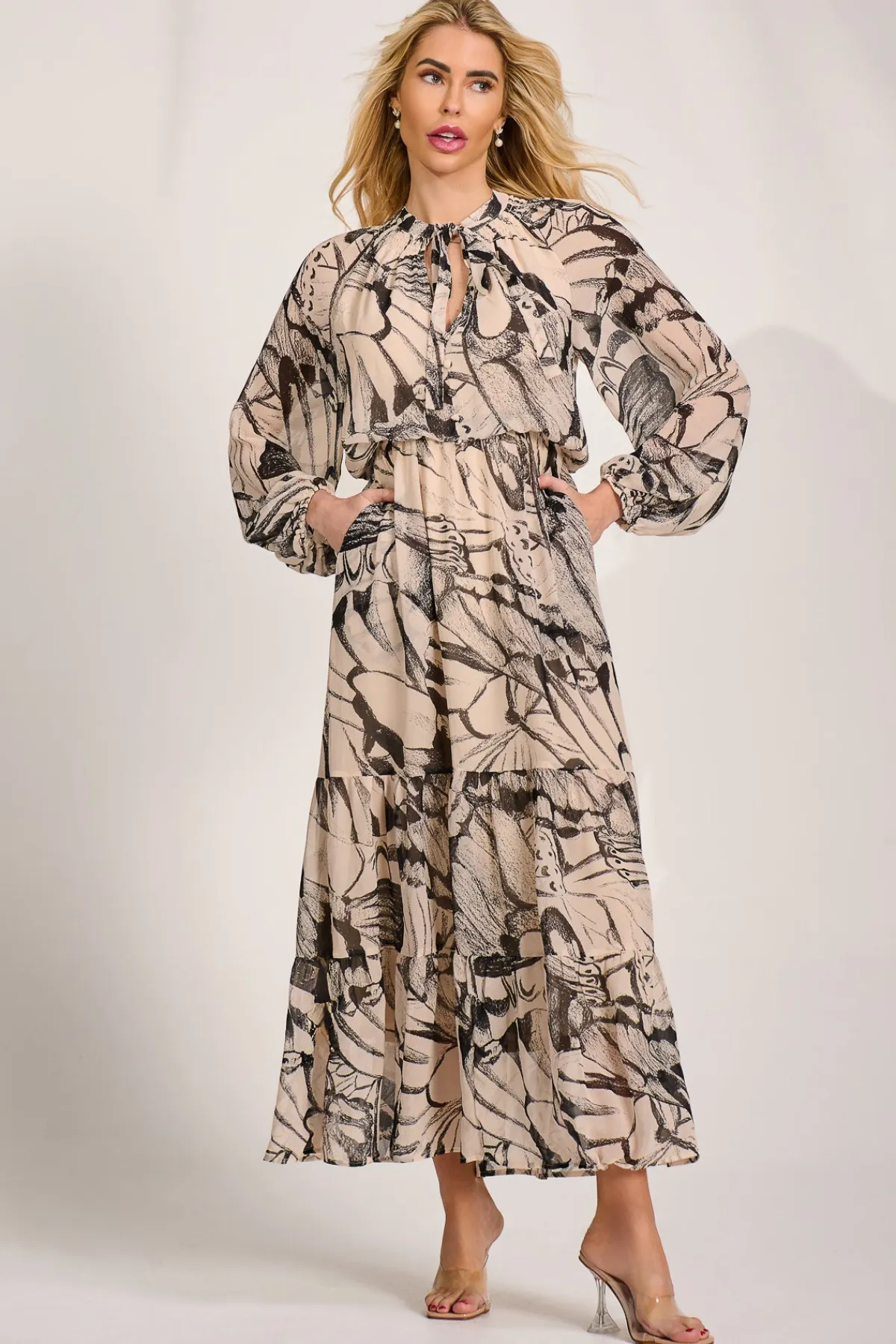 Jolie Moi Wedding Guest|Wedding Guest-Chiffon Long Sleeve Tiered Maxi Dress, Beige Pattern