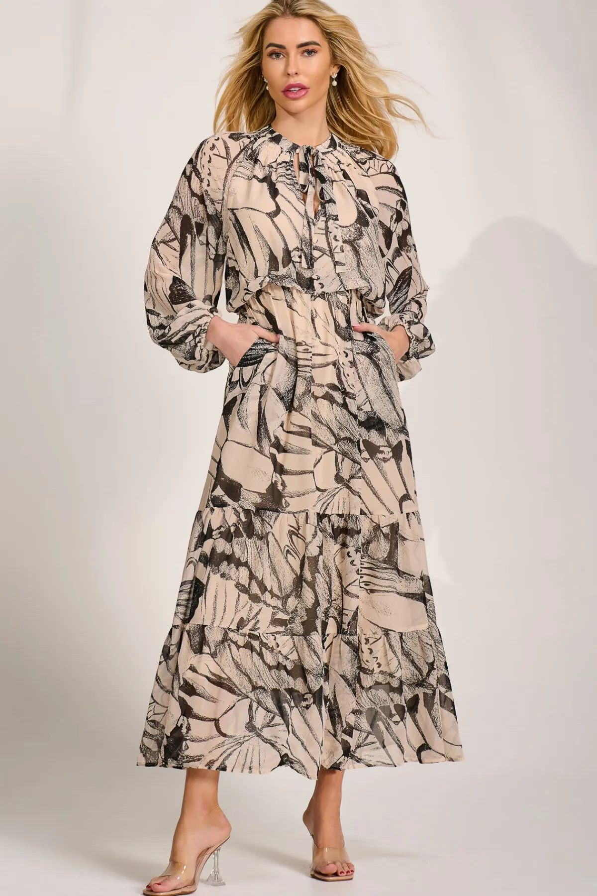 Jolie Moi Wedding Guest|Wedding Guest-Chiffon Long Sleeve Tiered Maxi Dress, Beige Pattern
