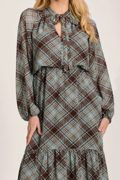 Jolie Moi Occasion Dresses|Wedding Guest-Chiffon Long Sleeve Tiered Maxi Dress, Brown Check