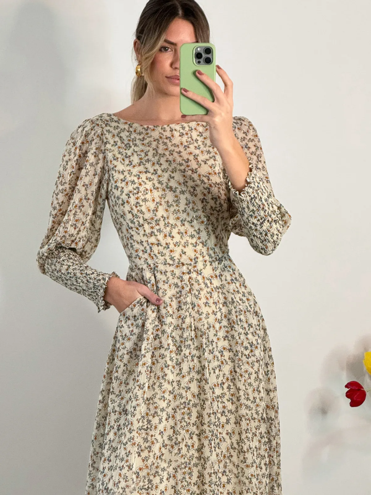 Jolie Moi Occasion Dresses|Long Sleeved Dresses-Chiffon Maxi Dress with Shirred Cuffs, Beige Floral