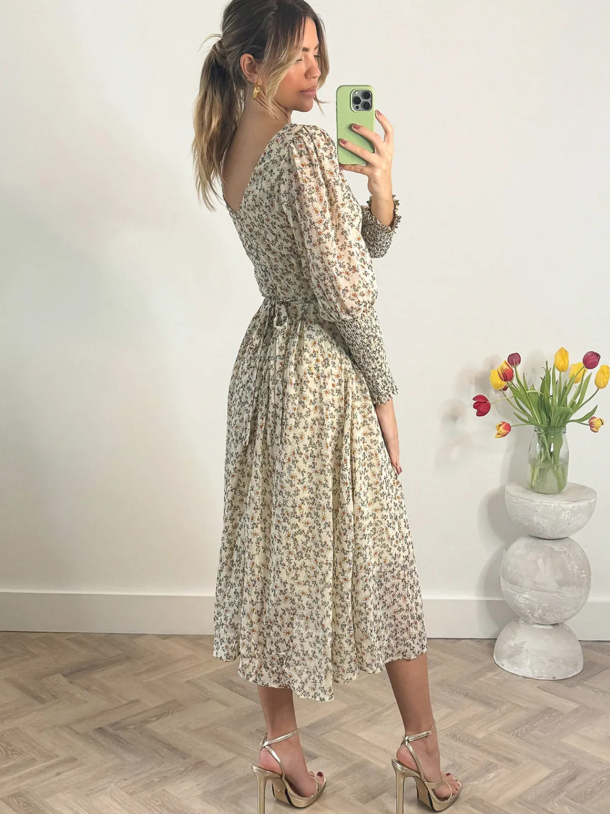 Jolie Moi Occasion Dresses|Long Sleeved Dresses-Chiffon Maxi Dress with Shirred Cuffs, Beige Floral