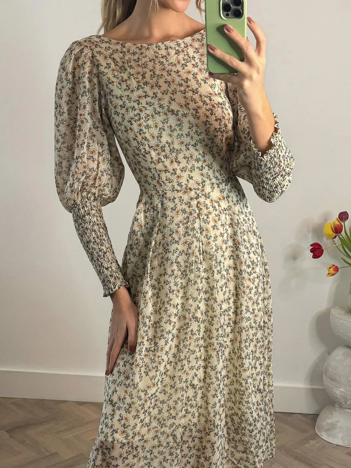 Jolie Moi Occasion Dresses|Long Sleeved Dresses-Chiffon Maxi Dress with Shirred Cuffs, Beige Floral