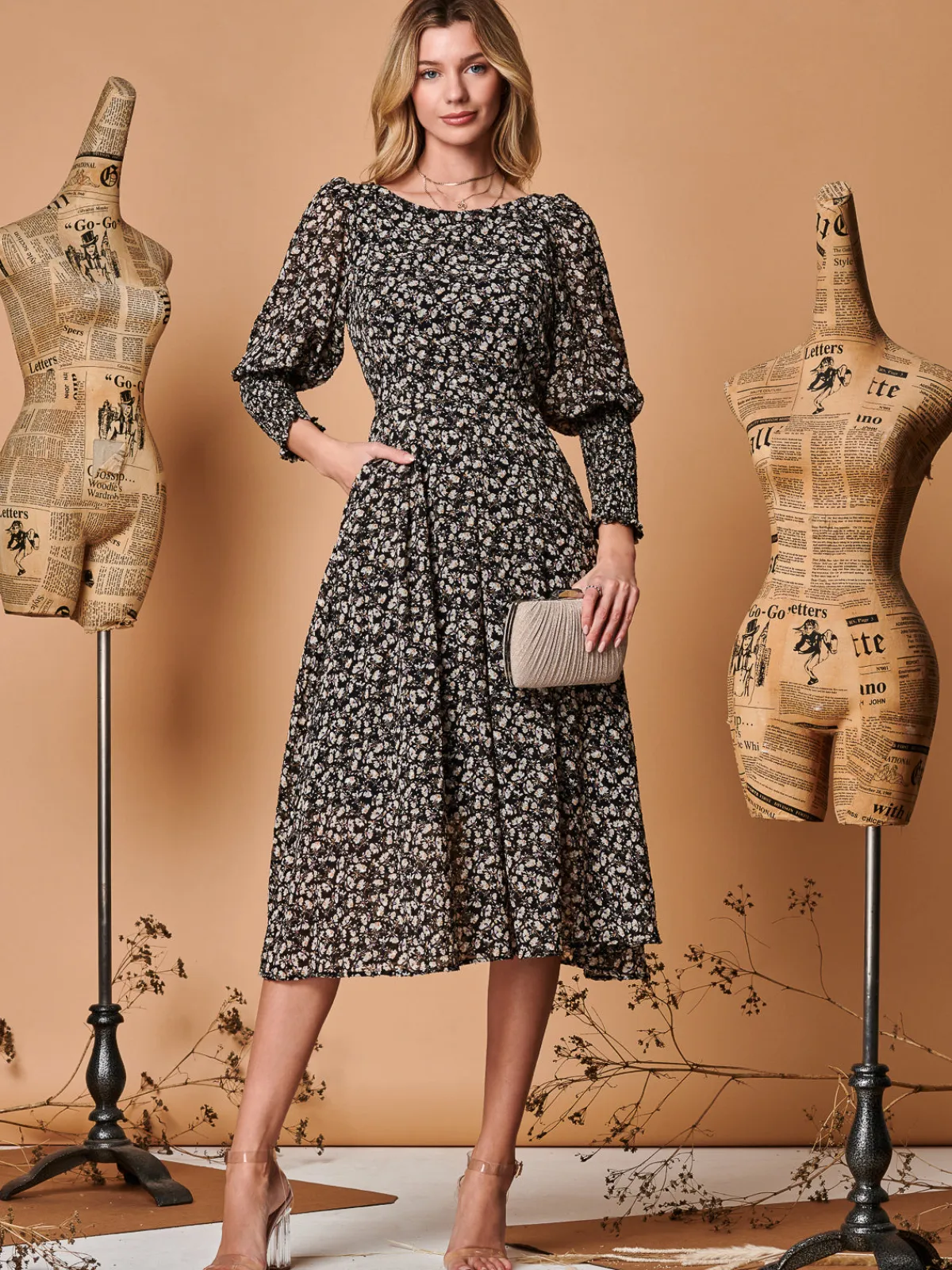 Jolie Moi Occasion Dresses|Long Sleeved Dresses-Chiffon Maxi Dress with Shirred Cuffs, Black Ditsy
