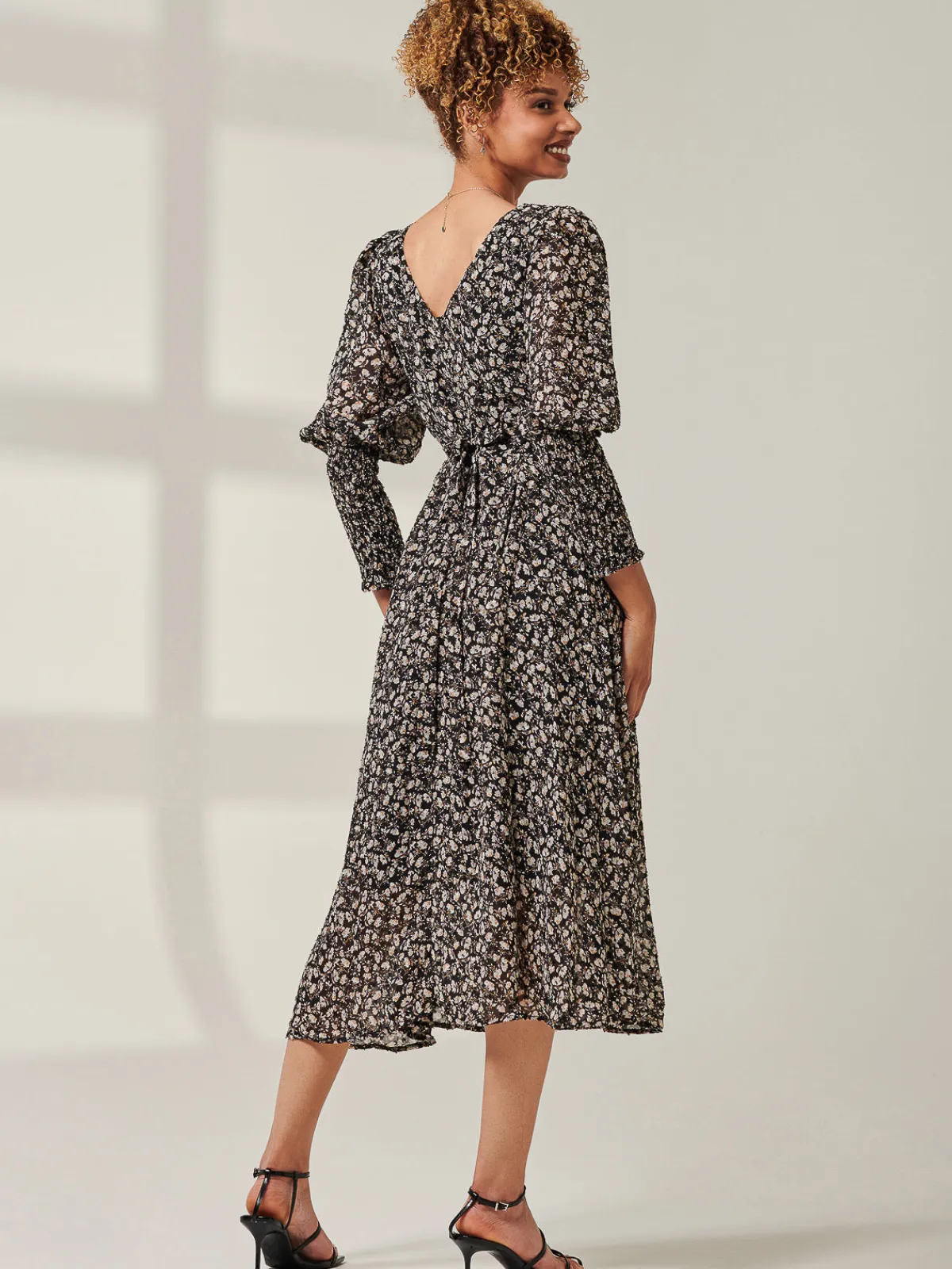 Jolie Moi Occasion Dresses|Long Sleeved Dresses-Chiffon Maxi Dress with Shirred Cuffs, Black Ditsy