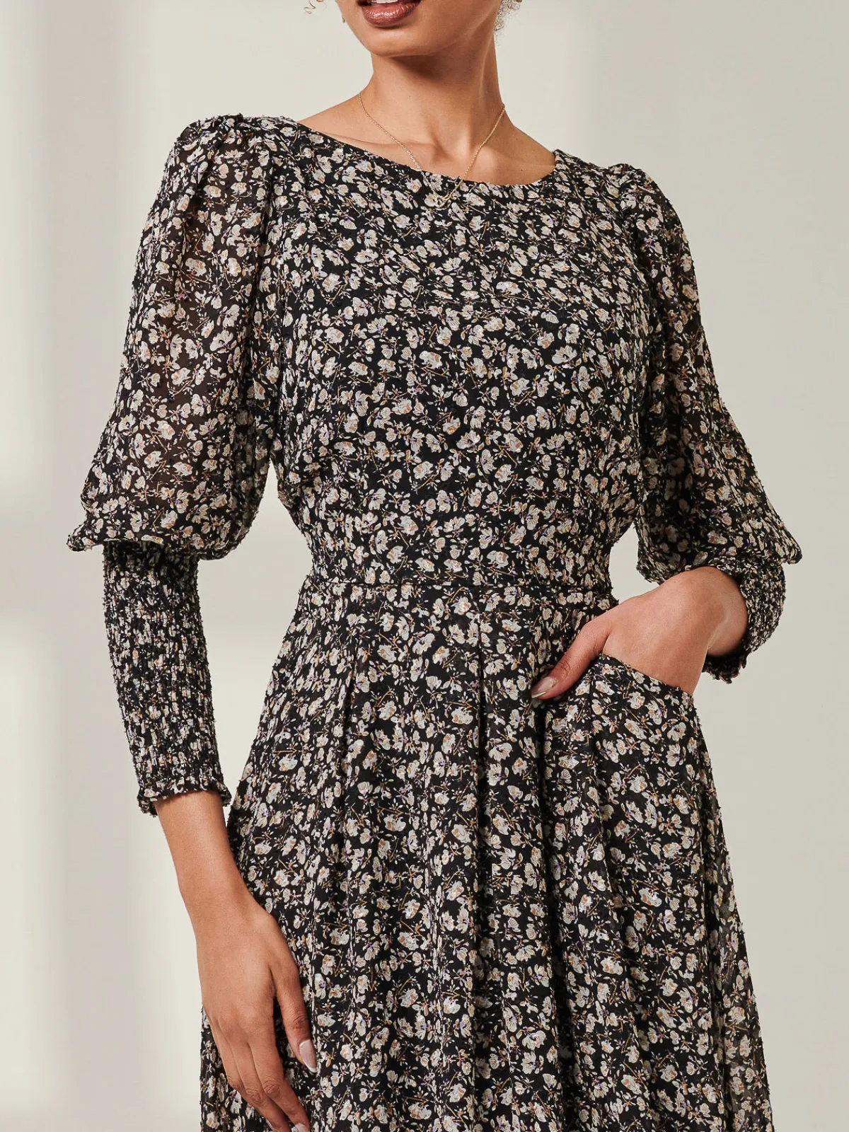 Jolie Moi Occasion Dresses|Long Sleeved Dresses-Chiffon Maxi Dress with Shirred Cuffs, Black Ditsy