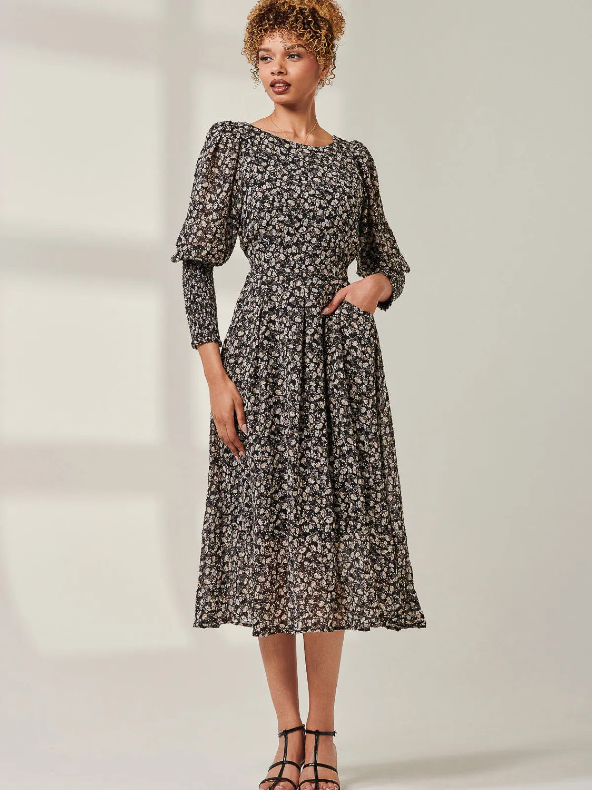 Jolie Moi Occasion Dresses|Long Sleeved Dresses-Chiffon Maxi Dress with Shirred Cuffs, Black Ditsy