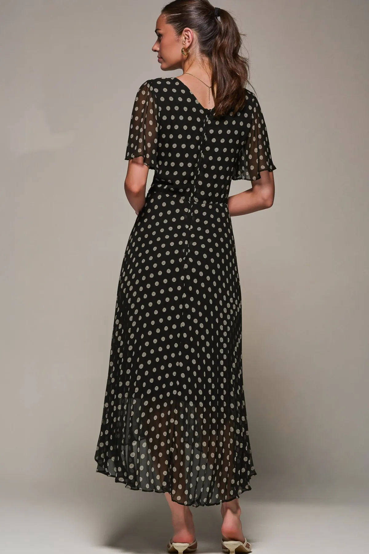 Jolie Moi Occasion Dresses|Maxi Dresses-Chiffon Pleated Dip Hem Maxi Dress, Black Spot
