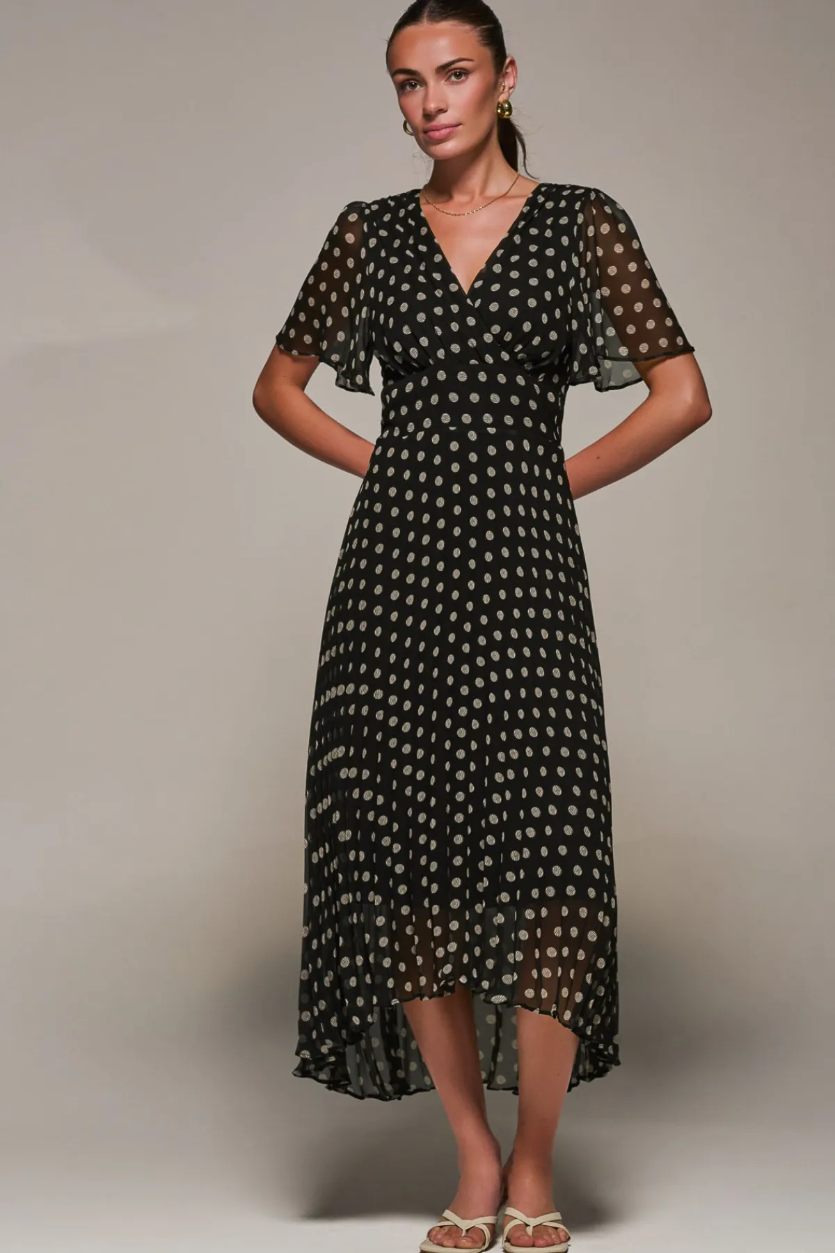 Jolie Moi Occasion Dresses|Maxi Dresses-Chiffon Pleated Dip Hem Maxi Dress, Black Spot