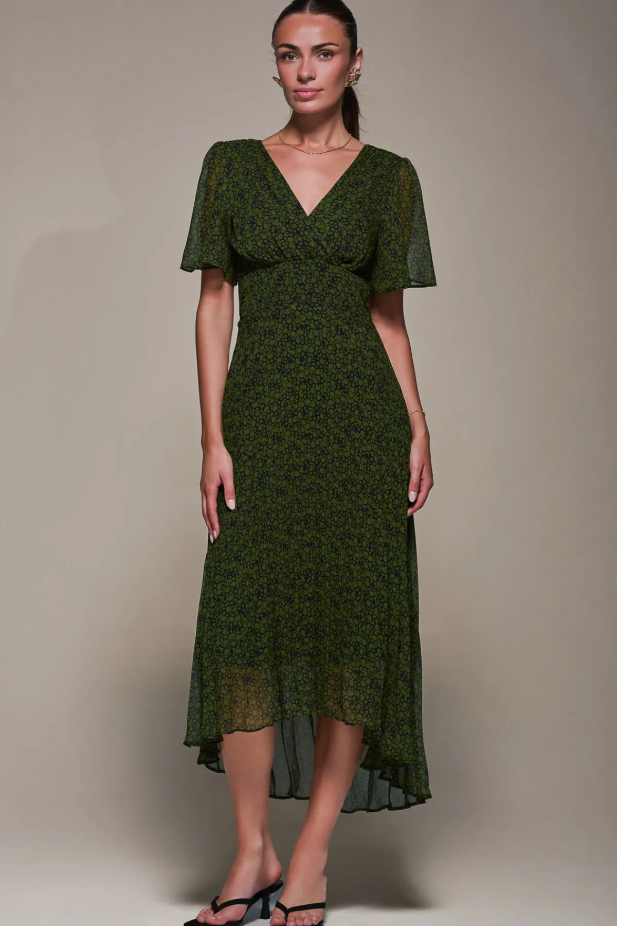 Jolie Moi Occasion Dresses|Floral Dresses-Chiffon Pleated Dip Hem Maxi Dress, Green Abstract
