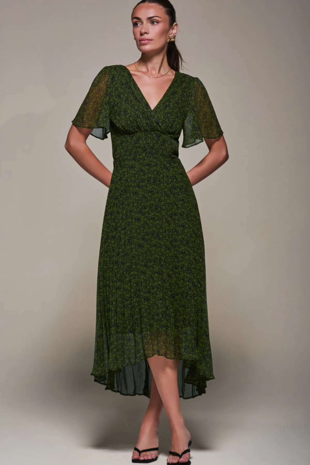 Jolie Moi Occasion Dresses|Floral Dresses-Chiffon Pleated Dip Hem Maxi Dress, Green Abstract