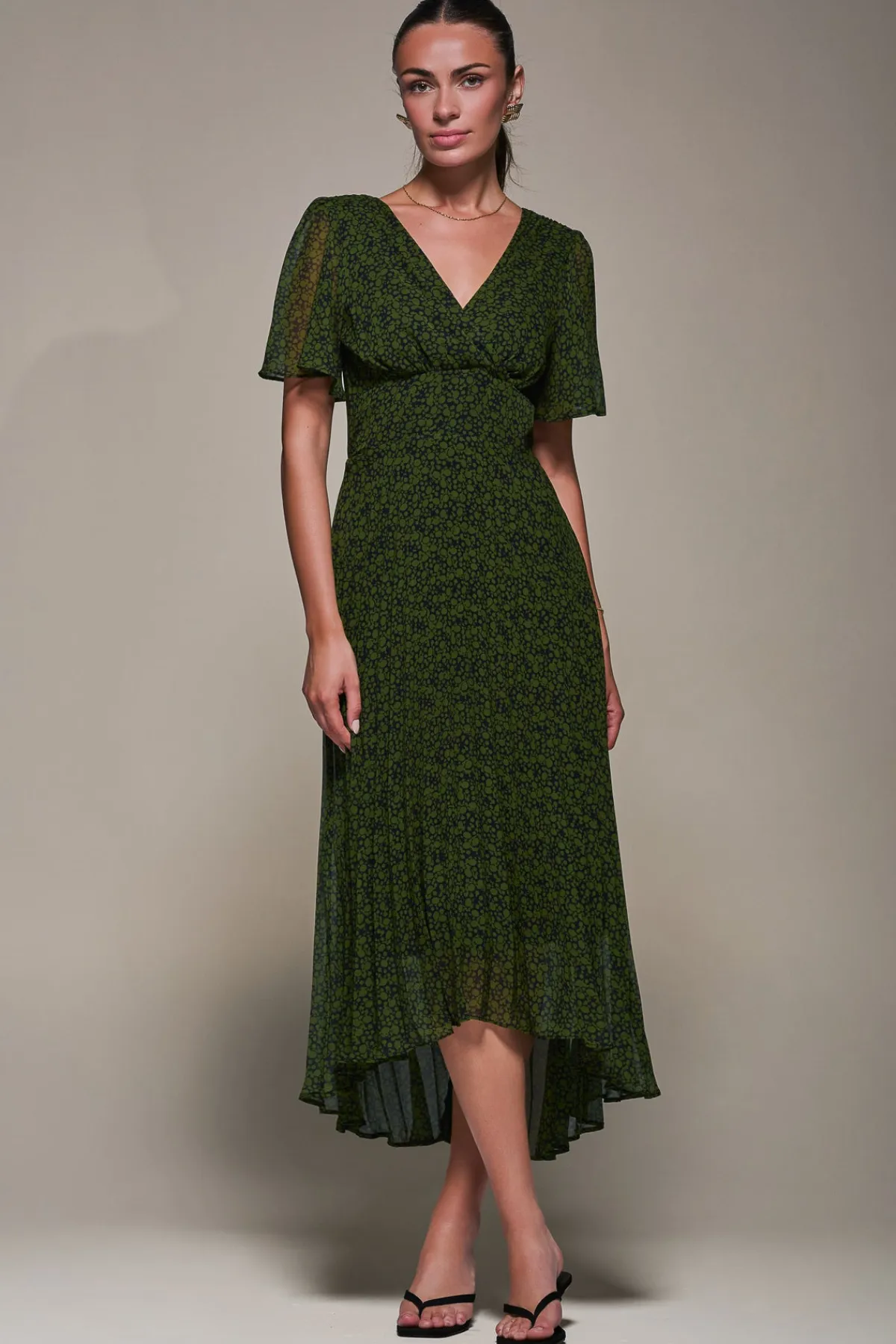 Jolie Moi Occasion Dresses|Floral Dresses-Chiffon Pleated Dip Hem Maxi Dress, Green Abstract