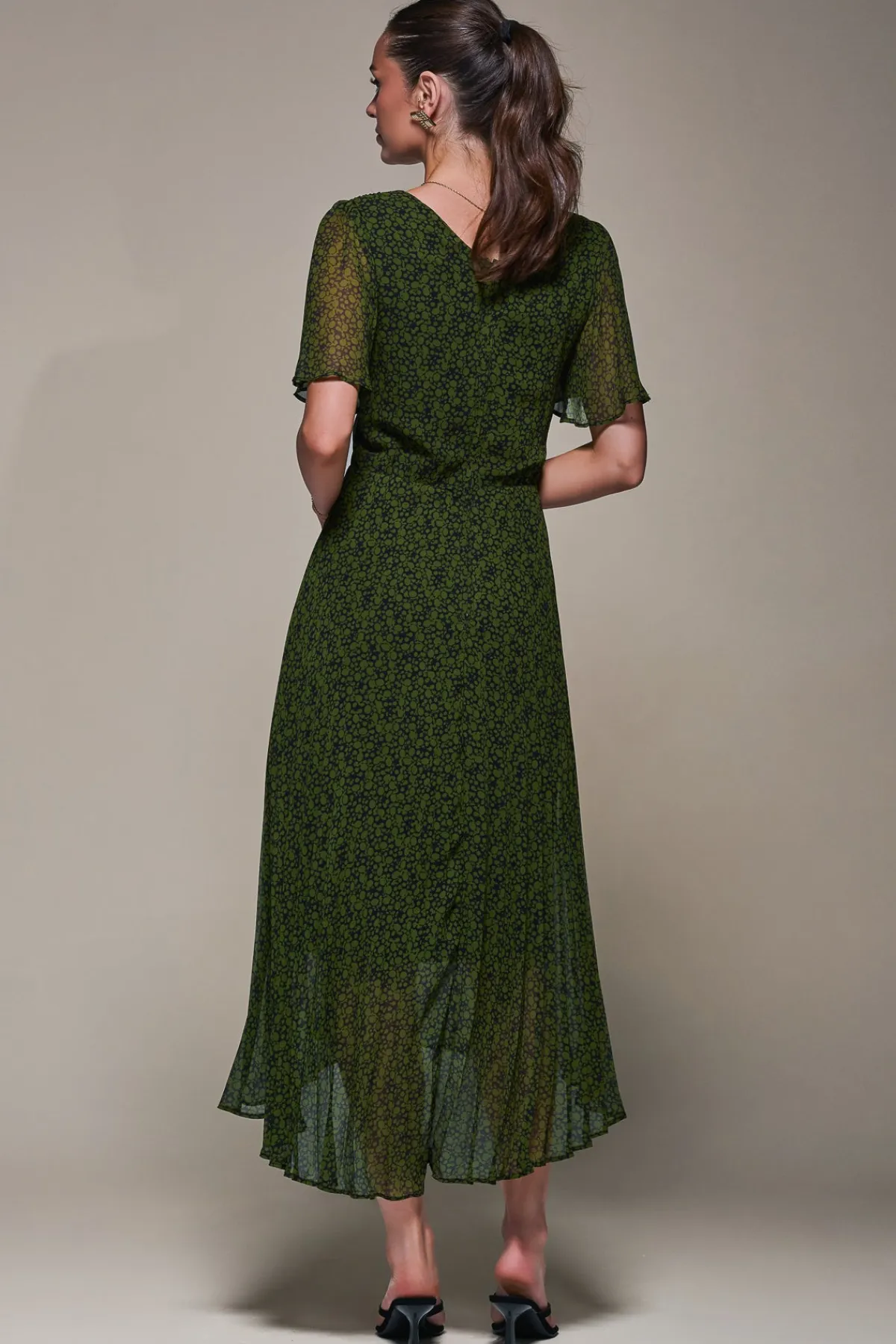 Jolie Moi Occasion Dresses|Floral Dresses-Chiffon Pleated Dip Hem Maxi Dress, Green Abstract