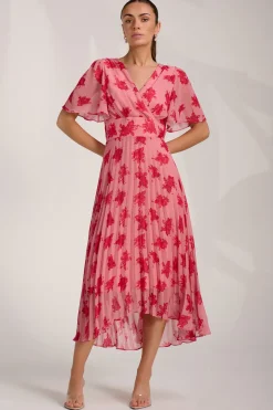 Jolie Moi Occasion Dresses|Floral Dresses-Chiffon Pleated Maxi Dress, Coral Floral