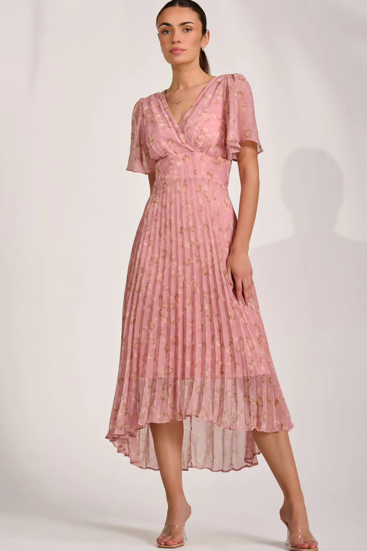 Jolie Moi Occasion Dresses|Wedding Guest-Chiffon Pleated Maxi Dress, Dusty Pink