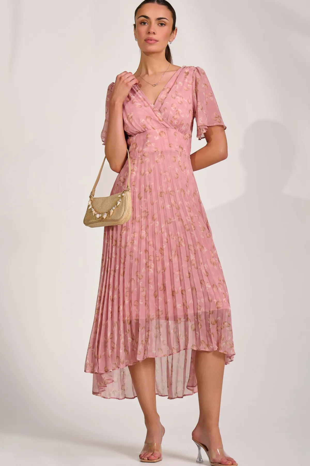 Jolie Moi Occasion Dresses|Wedding Guest-Chiffon Pleated Maxi Dress, Dusty Pink
