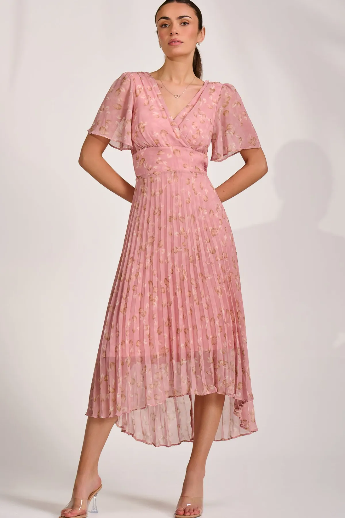 Jolie Moi Occasion Dresses|Wedding Guest-Chiffon Pleated Maxi Dress, Dusty Pink