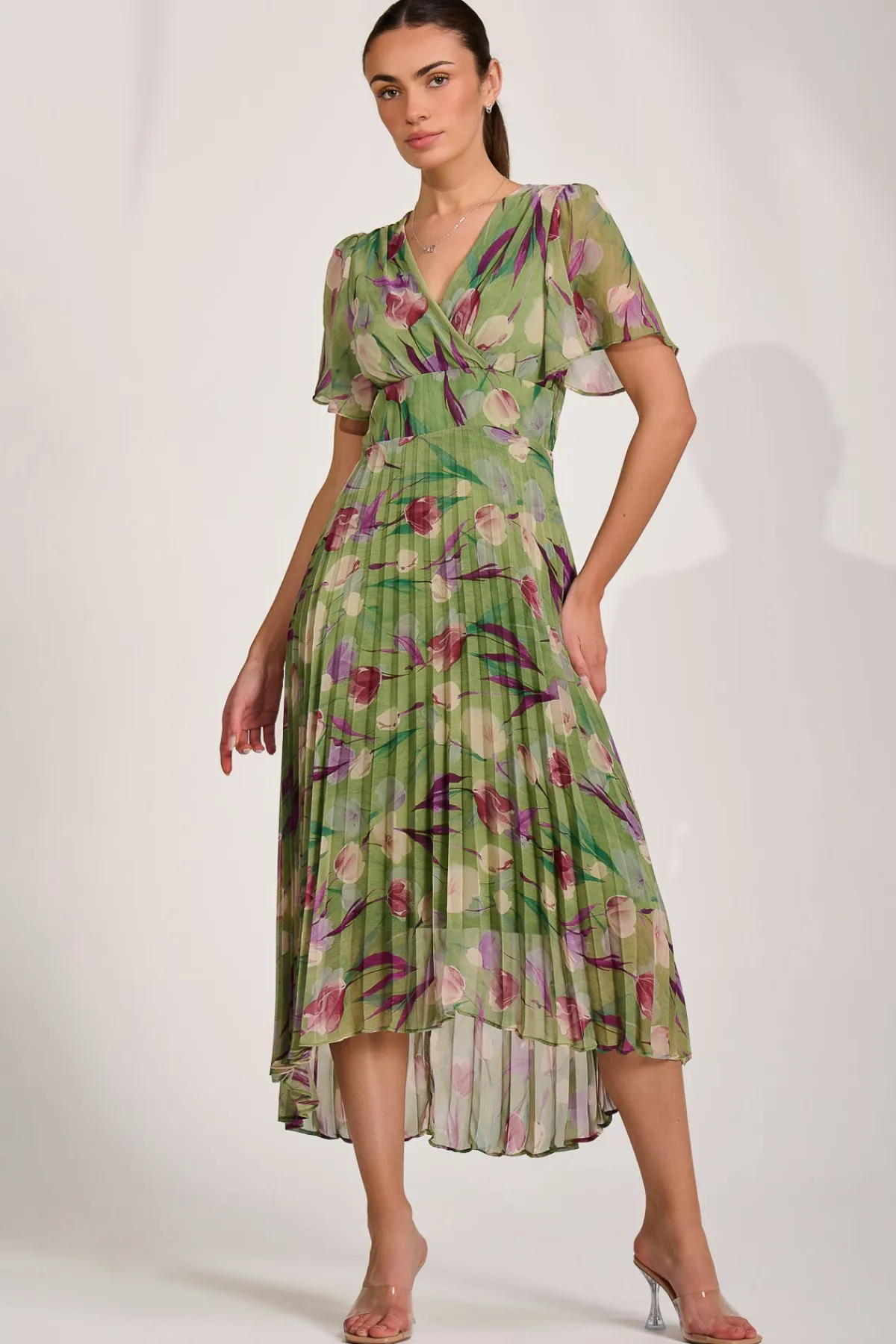 Jolie Moi Wedding Guest|Wedding Guest-Chiffon Pleated Maxi Dress, Green Multi