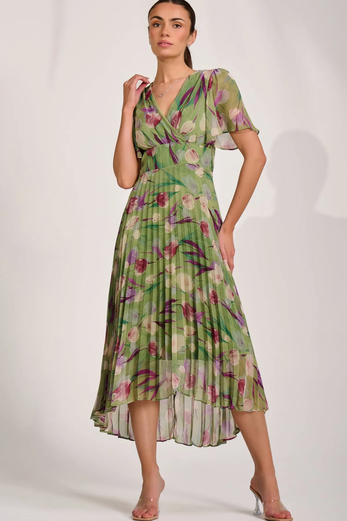 Jolie Moi Wedding Guest|Wedding Guest-Chiffon Pleated Maxi Dress, Green Multi