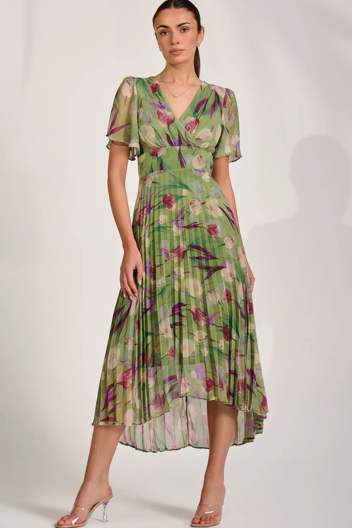 Jolie Moi Wedding Guest|Wedding Guest-Chiffon Pleated Maxi Dress, Green Multi