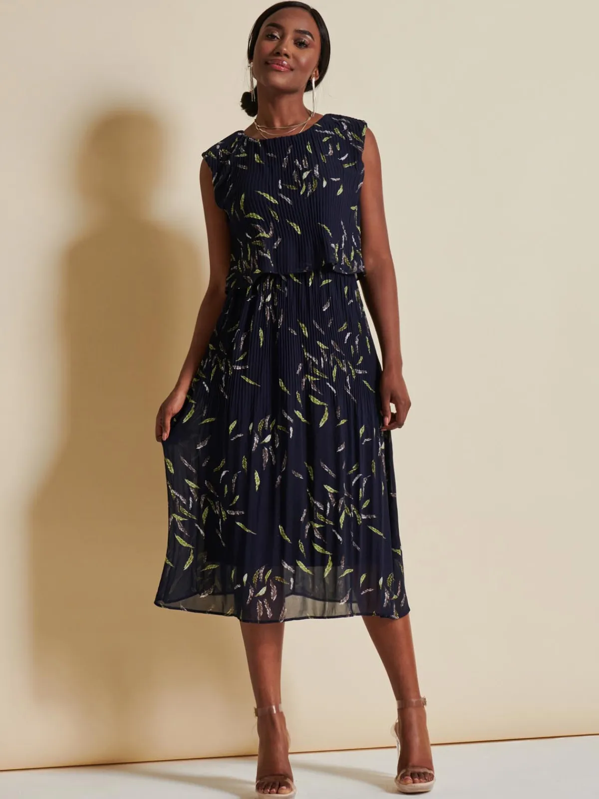 Jolie Moi Occasion Dresses|Sleeveless Dresses-Chiffon Pleated Overlay Midi Dress, Navy Leafy