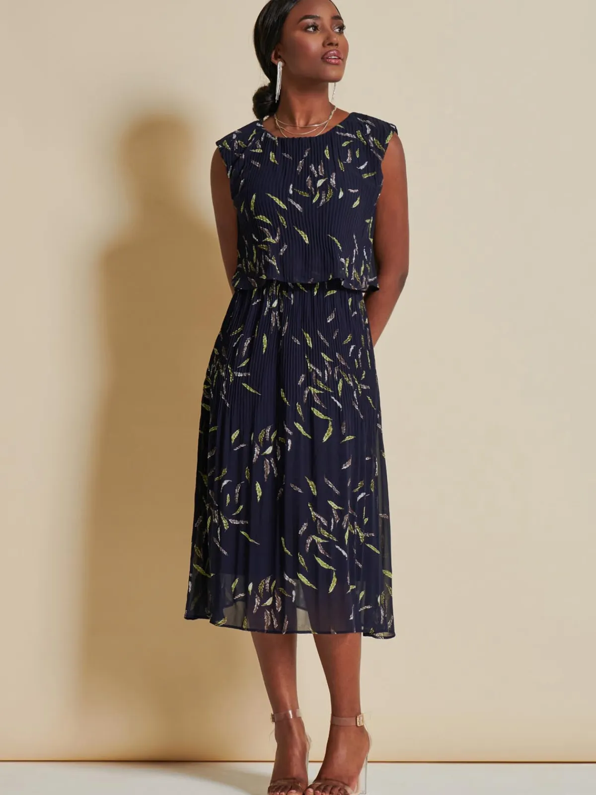 Jolie Moi Occasion Dresses|Sleeveless Dresses-Chiffon Pleated Overlay Midi Dress, Navy Leafy