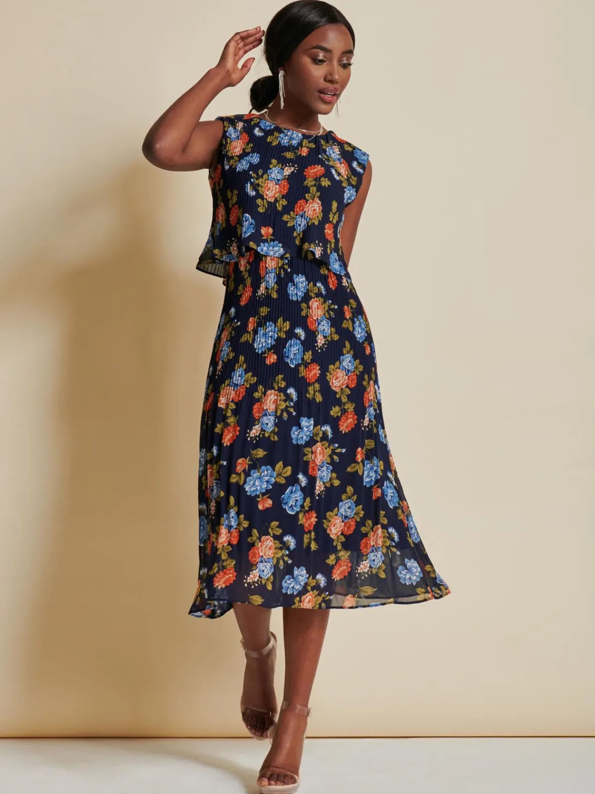Jolie Moi Occasion Dresses|Sleeveless Dresses-Chiffon Pleated Overlay Midi Dress, Navy Orange Floral