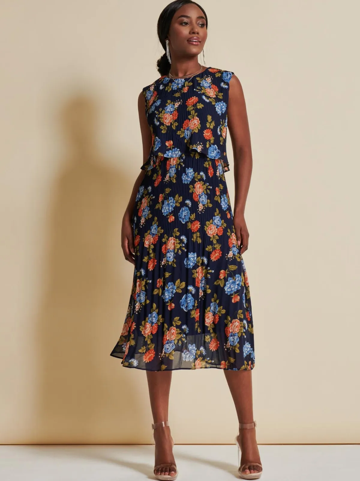 Jolie Moi Occasion Dresses|Sleeveless Dresses-Chiffon Pleated Overlay Midi Dress, Navy Orange Floral