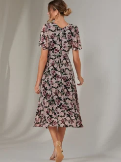 Jolie Moi Floral Dresses-Chiffon Pleated Wrap Midaxi Dress, Black Floral