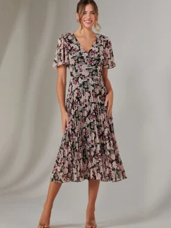 Jolie Moi Floral Dresses-Chiffon Pleated Wrap Midaxi Dress, Black Floral