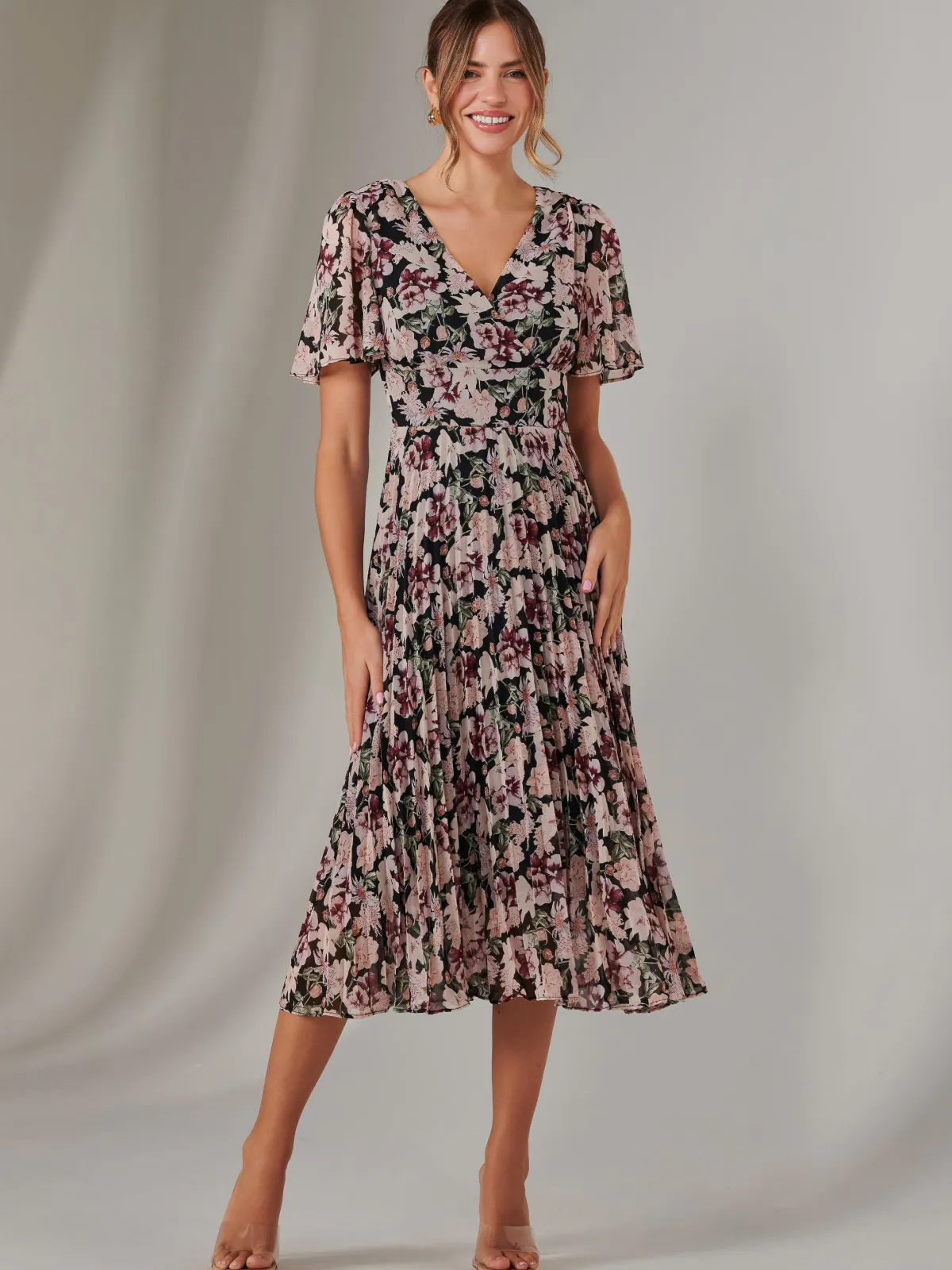 Jolie Moi Floral Dresses-Chiffon Pleated Wrap Midaxi Dress, Black Floral