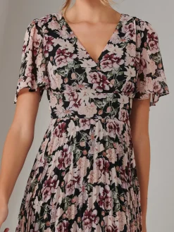 Jolie Moi Floral Dresses-Chiffon Pleated Wrap Midaxi Dress, Black Floral