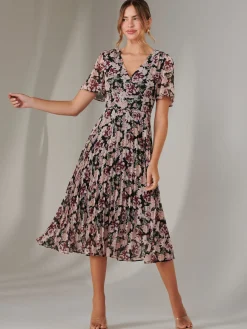 Jolie Moi Floral Dresses-Chiffon Pleated Wrap Midaxi Dress, Black Floral