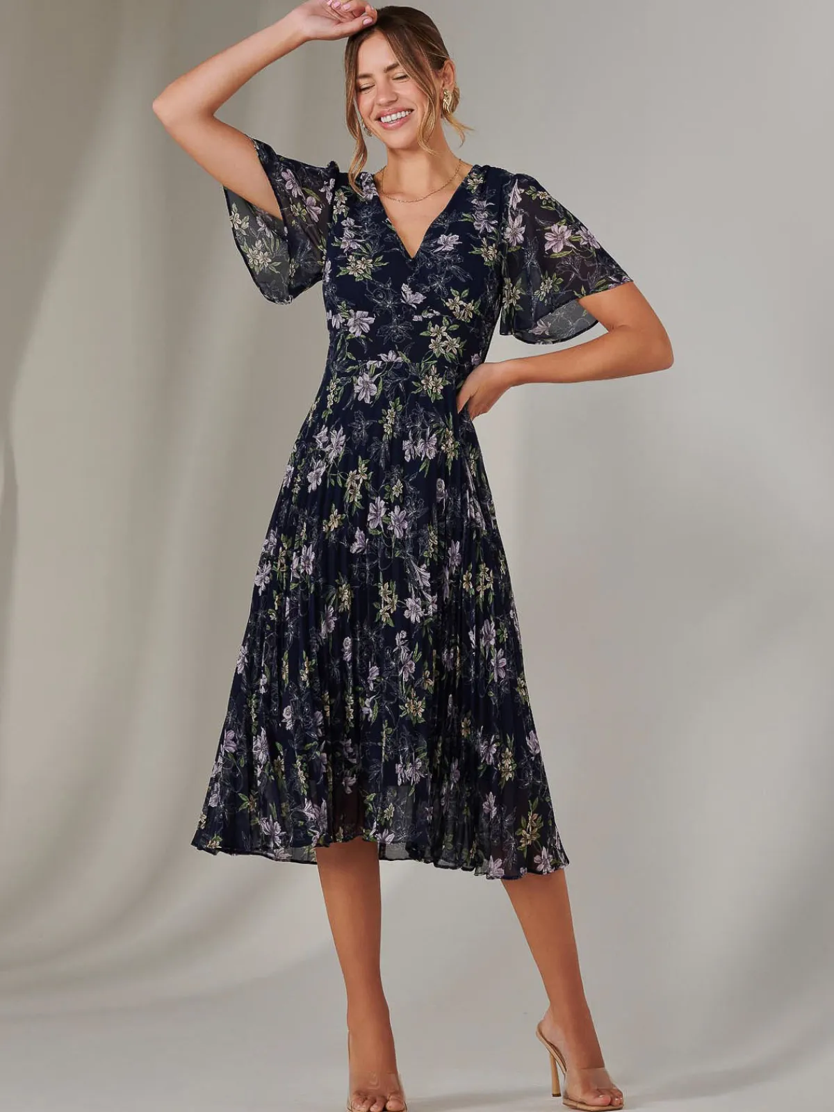 Jolie Moi Occasion Dresses|Floral Dresses-Chiffon Pleated Wrap Midaxi Dress, Multi Floral
