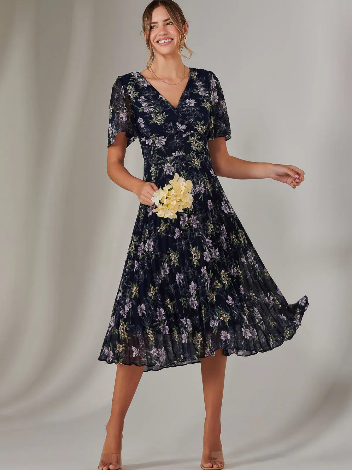 Jolie Moi Occasion Dresses|Floral Dresses-Chiffon Pleated Wrap Midaxi Dress, Multi Floral