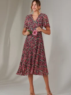 Jolie Moi Occasion Dresses|Floral Dresses-Chiffon Pleated Wrap Midaxi Dress, Pink Floral