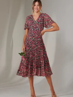 Jolie Moi Occasion Dresses|Floral Dresses-Chiffon Pleated Wrap Midaxi Dress, Pink Floral