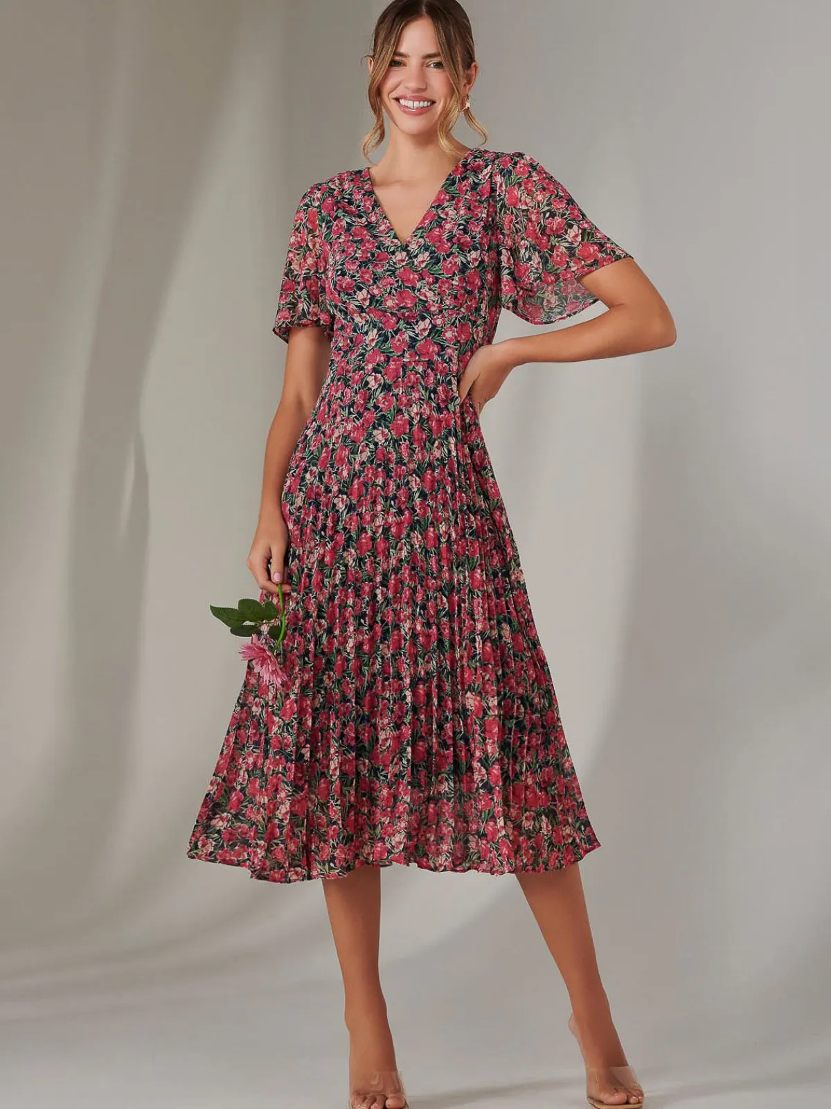 Jolie Moi Occasion Dresses|Floral Dresses-Chiffon Pleated Wrap Midaxi Dress, Pink Floral