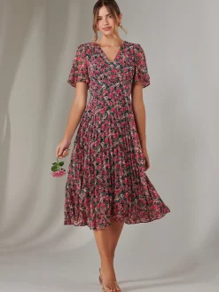 Jolie Moi Occasion Dresses|Floral Dresses-Chiffon Pleated Wrap Midaxi Dress, Pink Floral