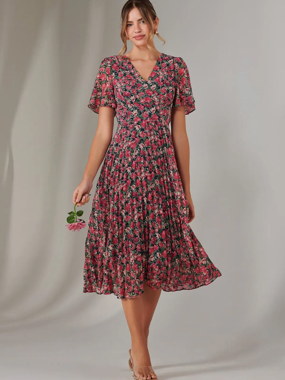Jolie Moi Occasion Dresses|Floral Dresses-Chiffon Pleated Wrap Midaxi Dress, Pink Floral