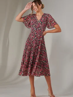 Jolie Moi Occasion Dresses|Floral Dresses-Chiffon Pleated Wrap Midaxi Dress, Pink Floral