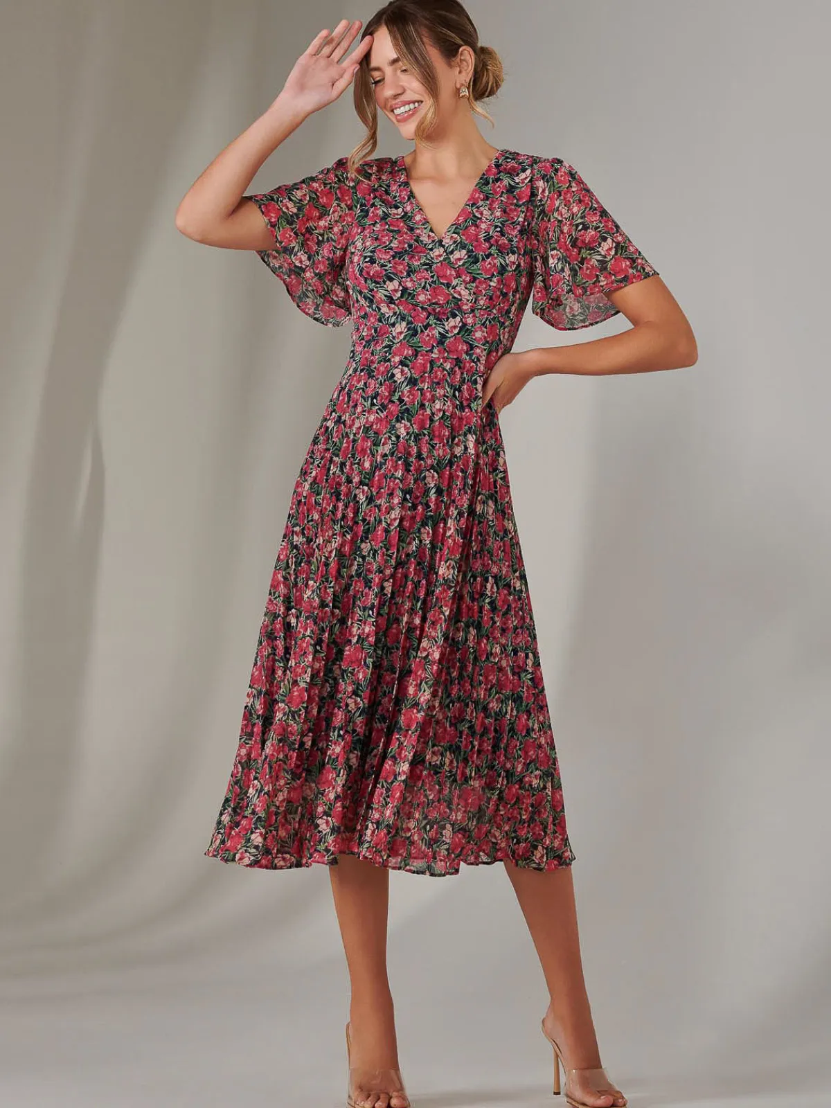 Jolie Moi Occasion Dresses|Floral Dresses-Chiffon Pleated Wrap Midaxi Dress, Pink Floral