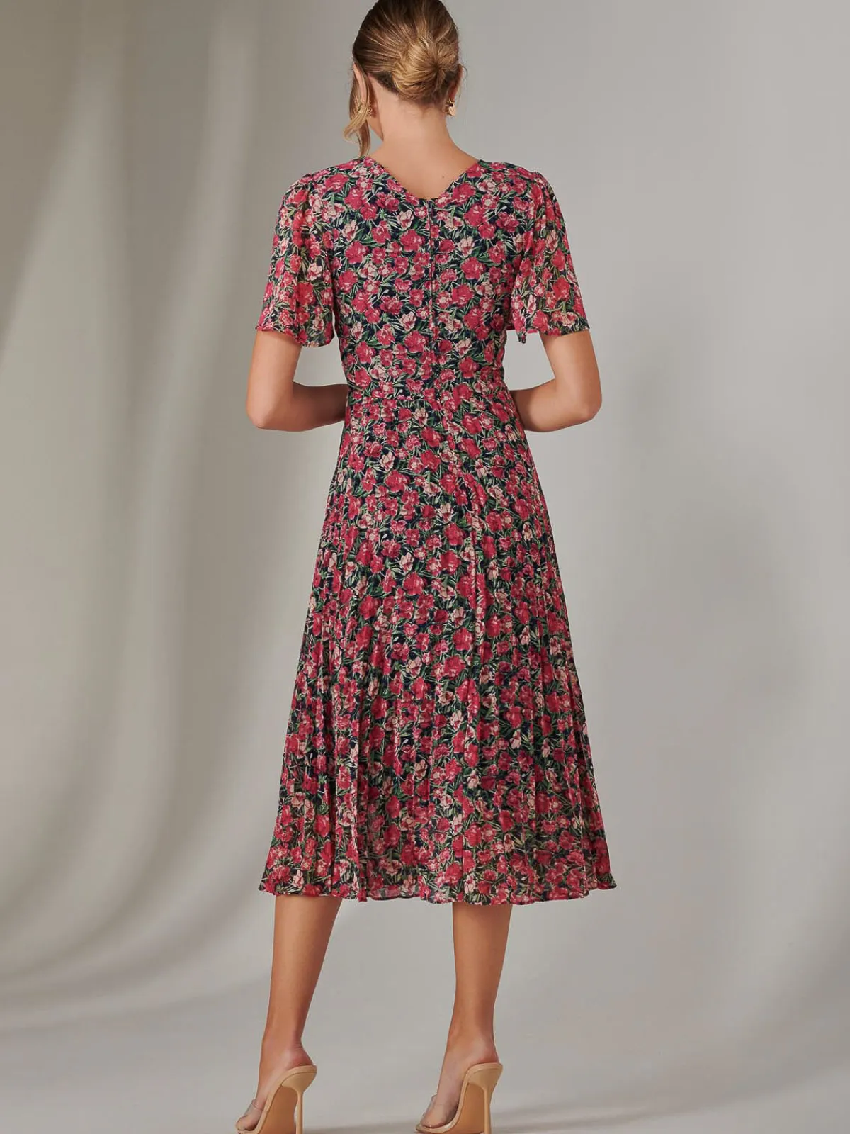 Jolie Moi Occasion Dresses|Floral Dresses-Chiffon Pleated Wrap Midaxi Dress, Pink Floral