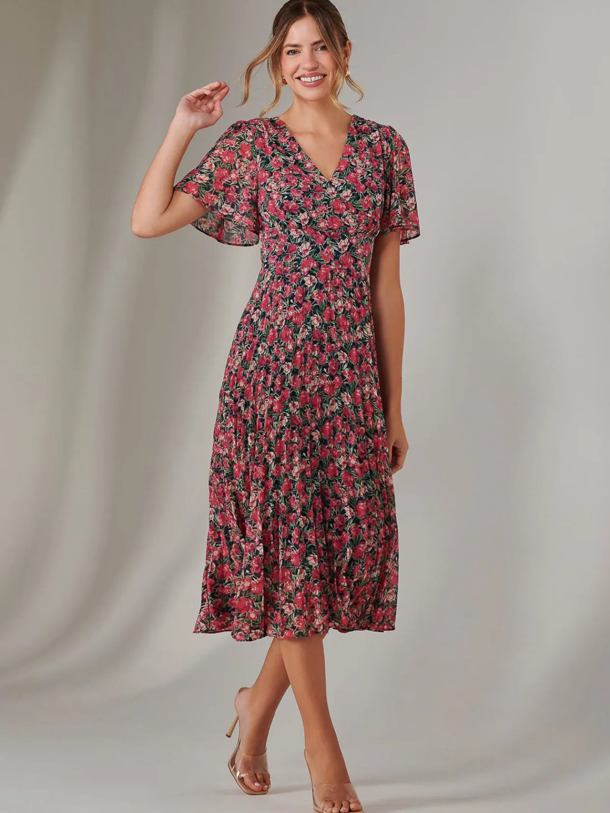 Jolie Moi Occasion Dresses|Floral Dresses-Chiffon Pleated Wrap Midaxi Dress, Pink Floral