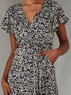 Jolie Moi Occasion Dresses|Printed Dresses-Chiffon Print Frill Dip Hem Maxi Dress, Black Spot